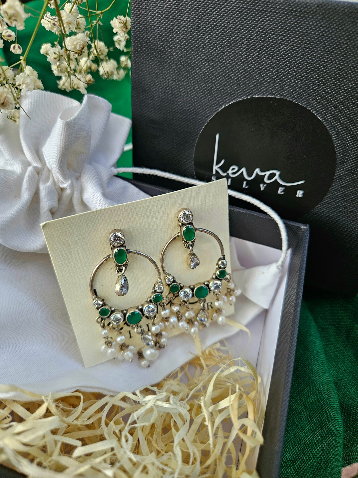 Noor - 925 Sterling Silver Chandelier hoop Earrings, Green Silver Chandelier earrings , Pure Silver Jewelry, Indian Jewelry