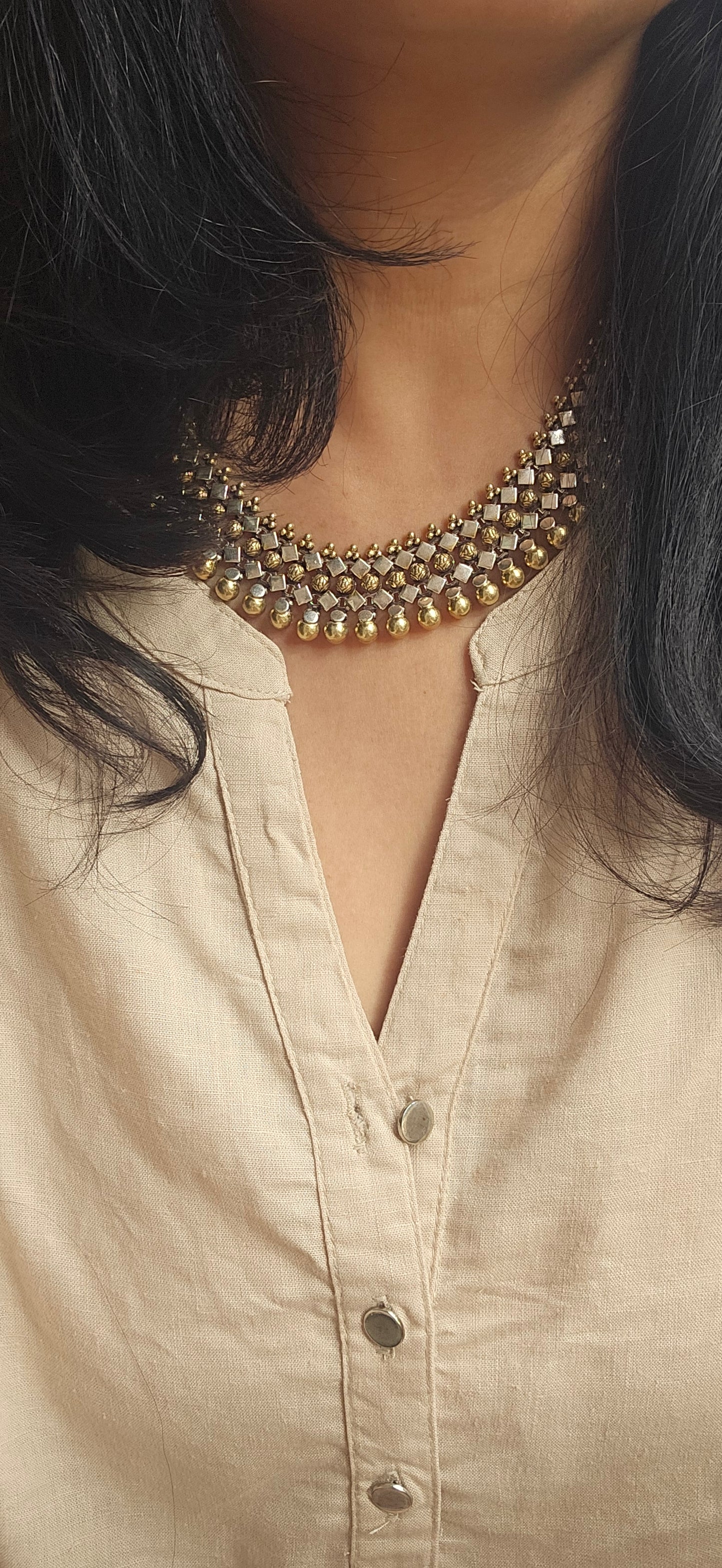 Jhilmil- Dual tone Sterling Silver choker style necklace with gold plating