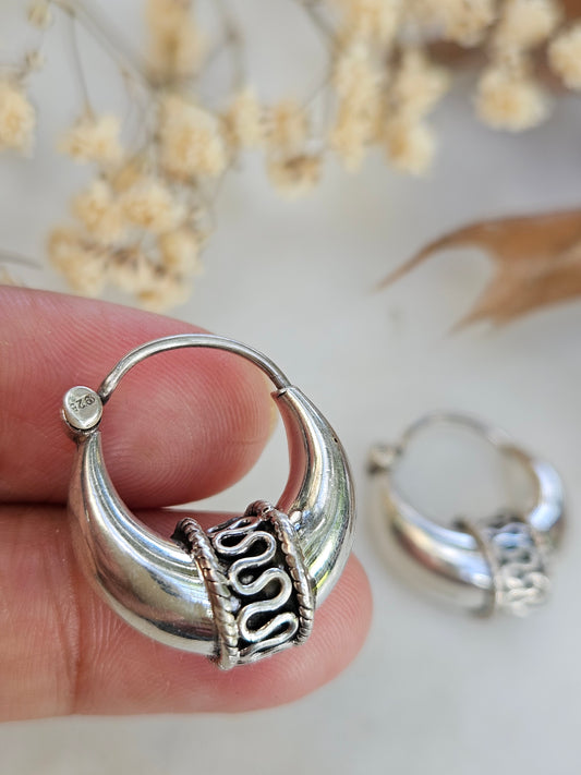 Bohemian Tribal Silver Hoops, 925 Sterling Silver Balinese Hoop