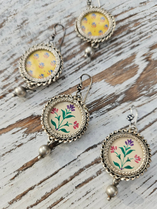 Chand Bagh Hand-Painted 925 Sterling Silver Earrings | Round Mughal Floral Danglers