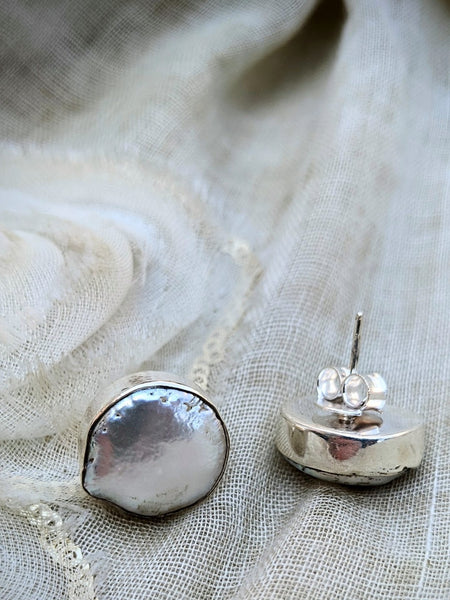 Round Baroque Pearl Stud, Baroque pearl earring, Pearl and pure silver earring
