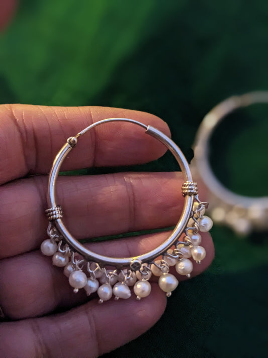 925 Sterling Silver classic Pearl Hoop, Indian Silver Hoop earring