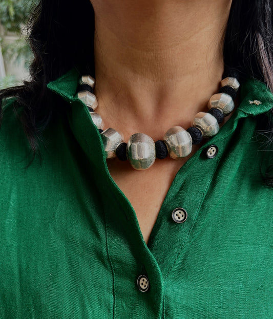 Faceted Dholki Beads Silver Necklace