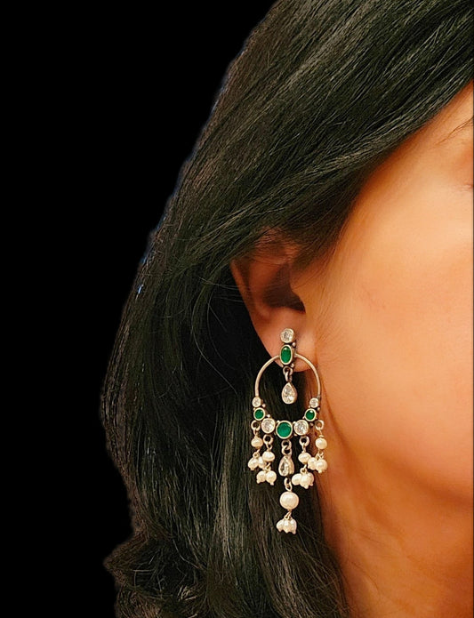 Noor - 925 Sterling Silver Chandelier hoop Earrings, Green Silver Chandelier earrings , Pure Silver Jewelry, Indian Jewelry