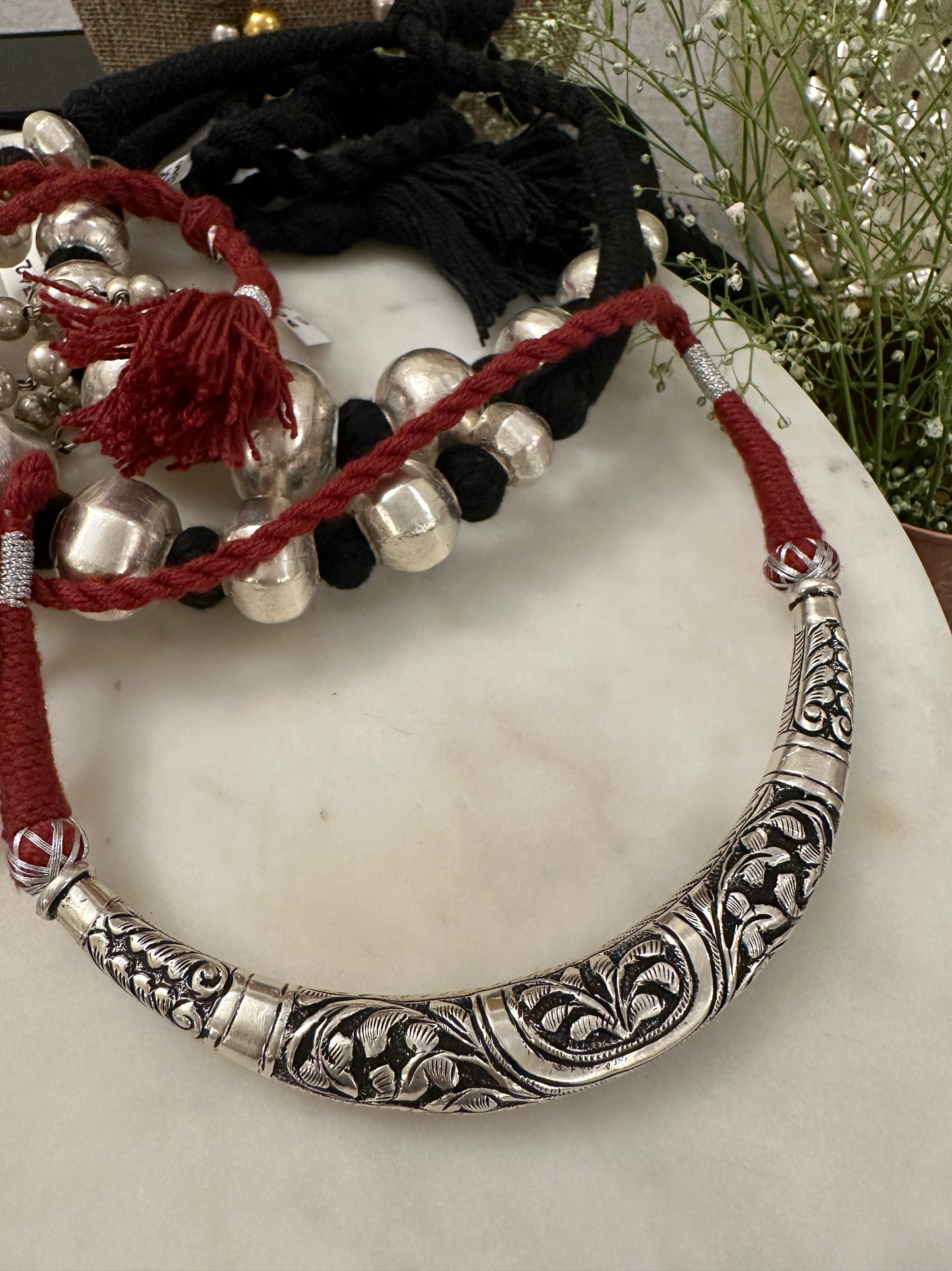 Silver Hasli Necklace, 925 Sterling Silver Indian Collar Necklace, Pure Silver Jewelry, Gift for her, Oxidized Chitai work Silver Necklace