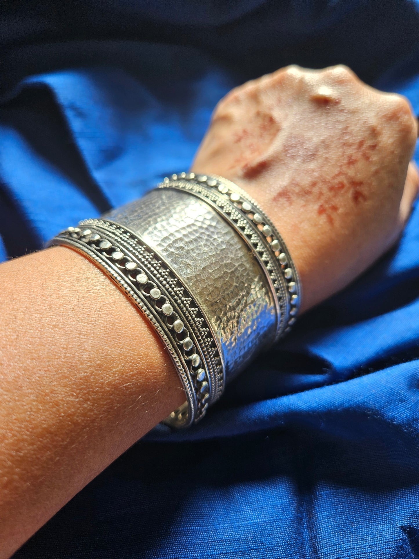 925 Sterling Silver Wide Cuff Bracelet,Hammered Silver Open Ended Statement Cuff