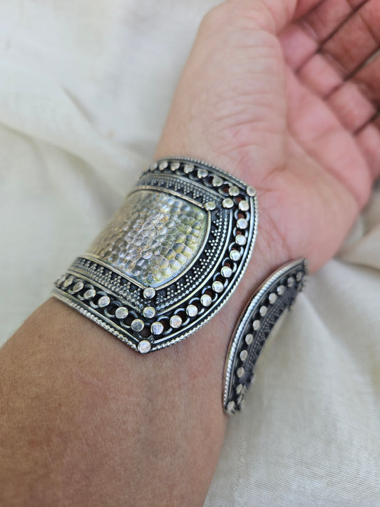 925 Sterling Silver Wide Cuff Bracelet,Hammered Silver Open Ended Statement Cuff