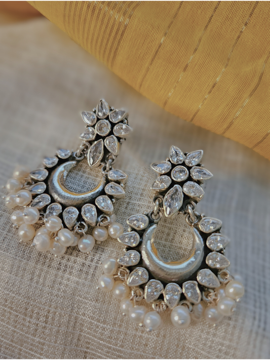 Chandbali Silver Zircon Earrings, Indian 925 Silver Earring