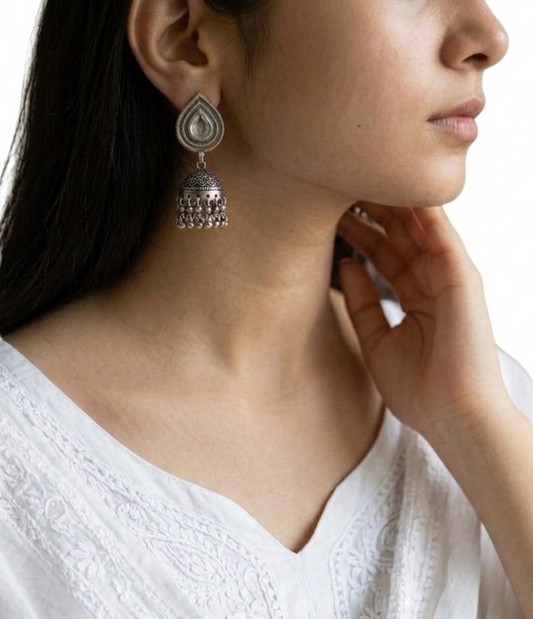 92.5 Silver Jhumka Earrings | Handcrafted Indian Silver Jewelry | Black Silver Jhumka Earrings