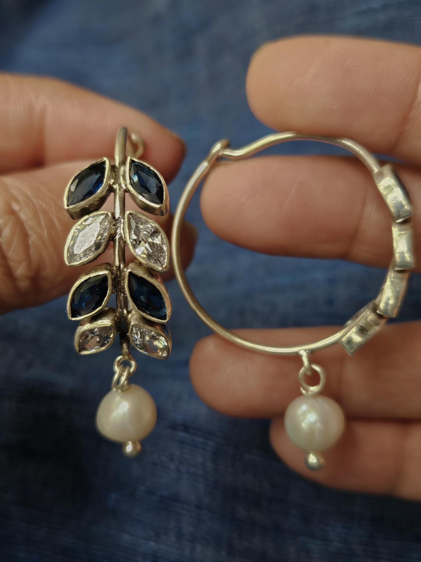 Tarang - 925 Sterling Silver leafy Hoop earring with Cubic Zirconia and pearl.