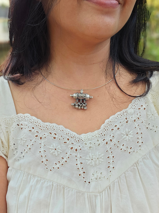 Tribal Amulet Wire Hasli Necklace | Oxidised 925 Silver Taweez Pendant