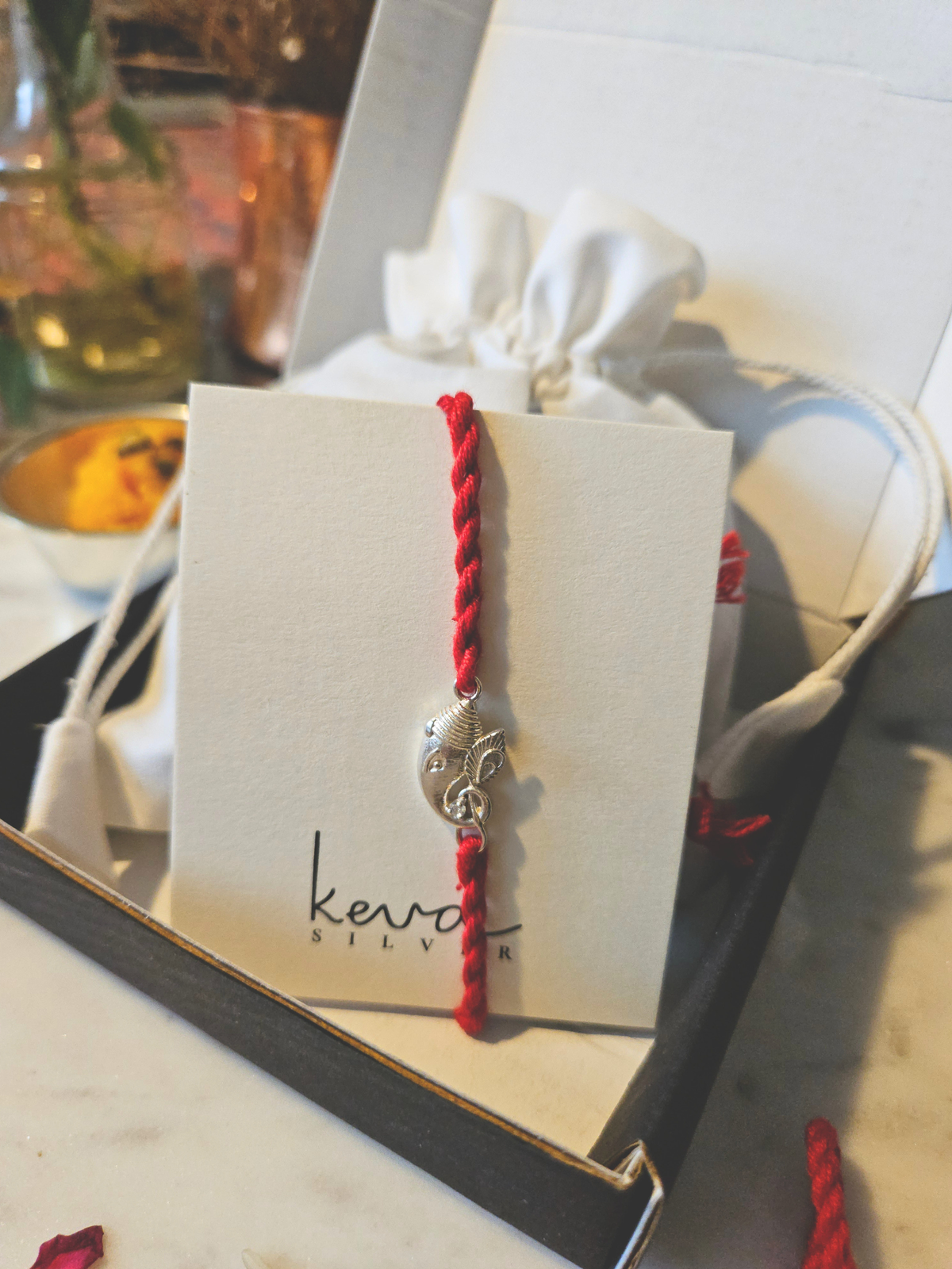 925 Sterling Silver Rakhi - Silver Ganesha Rakhi with Zirconia stone and Red Thread