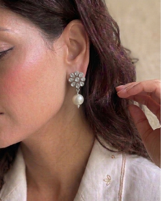 Kanti - Floral 925 Sterling Silver earring with cubic Zirconia and pearl drop