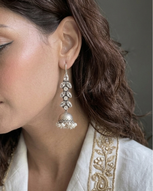 Palak - Pearl & Cubic Zirconia Silver Jhumka Earrings | 925 Indian Ethnic Jewelry Online | Traditional Indian Earrings