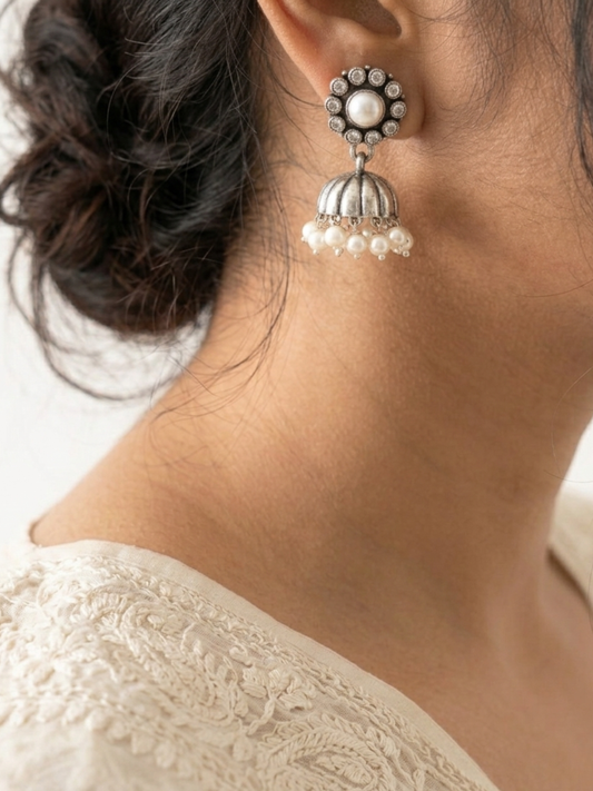 Aarya -925 Silver Indian Earring, Pure Silver Jhumka