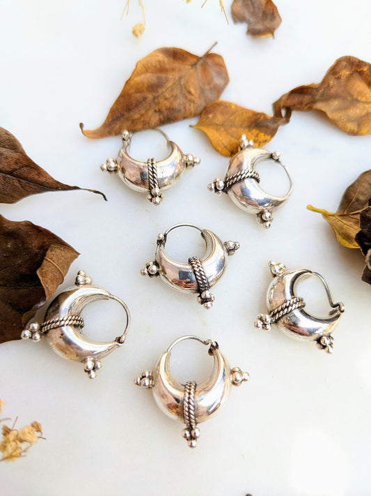 Tribal Boho Pure Silver Hoops, 925 Sterling Silver Balinese Hoop
