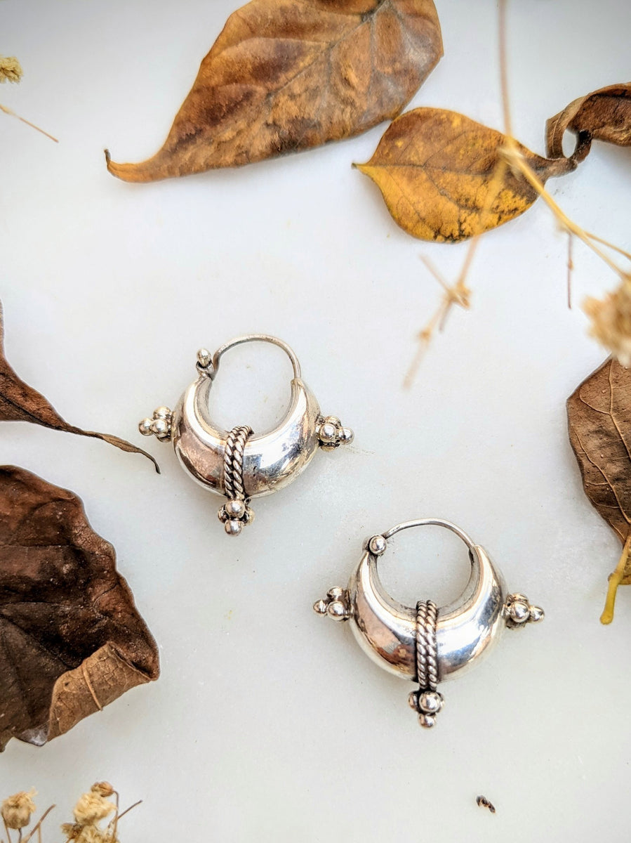 Tribal Boho Pure Silver Hoops, 925 Sterling Silver Balinese Hoop