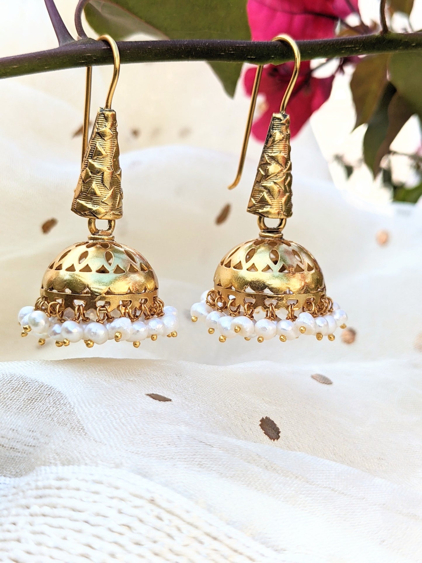 Jaya - Gold Plated Sterling Silver jhumka with pearl accents, Indian Pure silver Jhumka Earring
