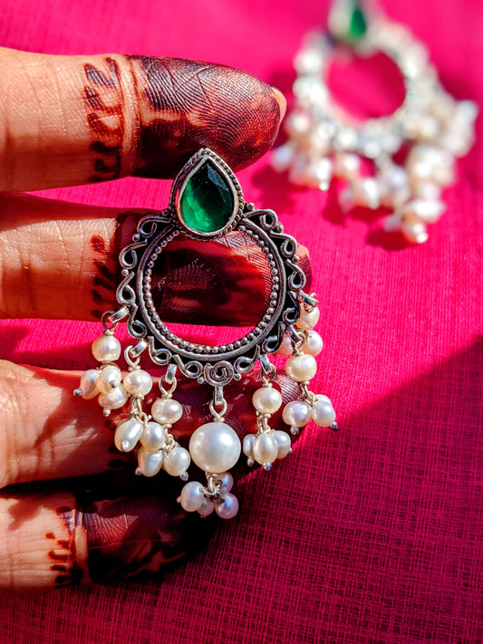 Aarohi - Sterling Silver Pearl Drop Chandbali earring with green gemstone, Statement Indian Silver Earring