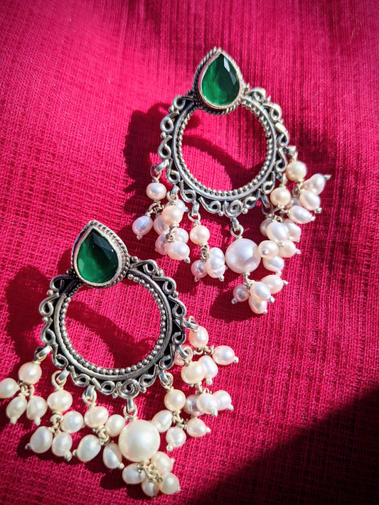 Aarohi - Sterling Silver Pearl Drop Chandbali earring with green gemstone, Statement Indian Silver Earring