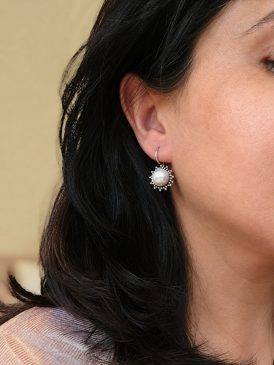 Suraj Moti Freshwater Pearl Earrings | 925 Hallmarked Sterling Silver Sunburst French Hook Drops