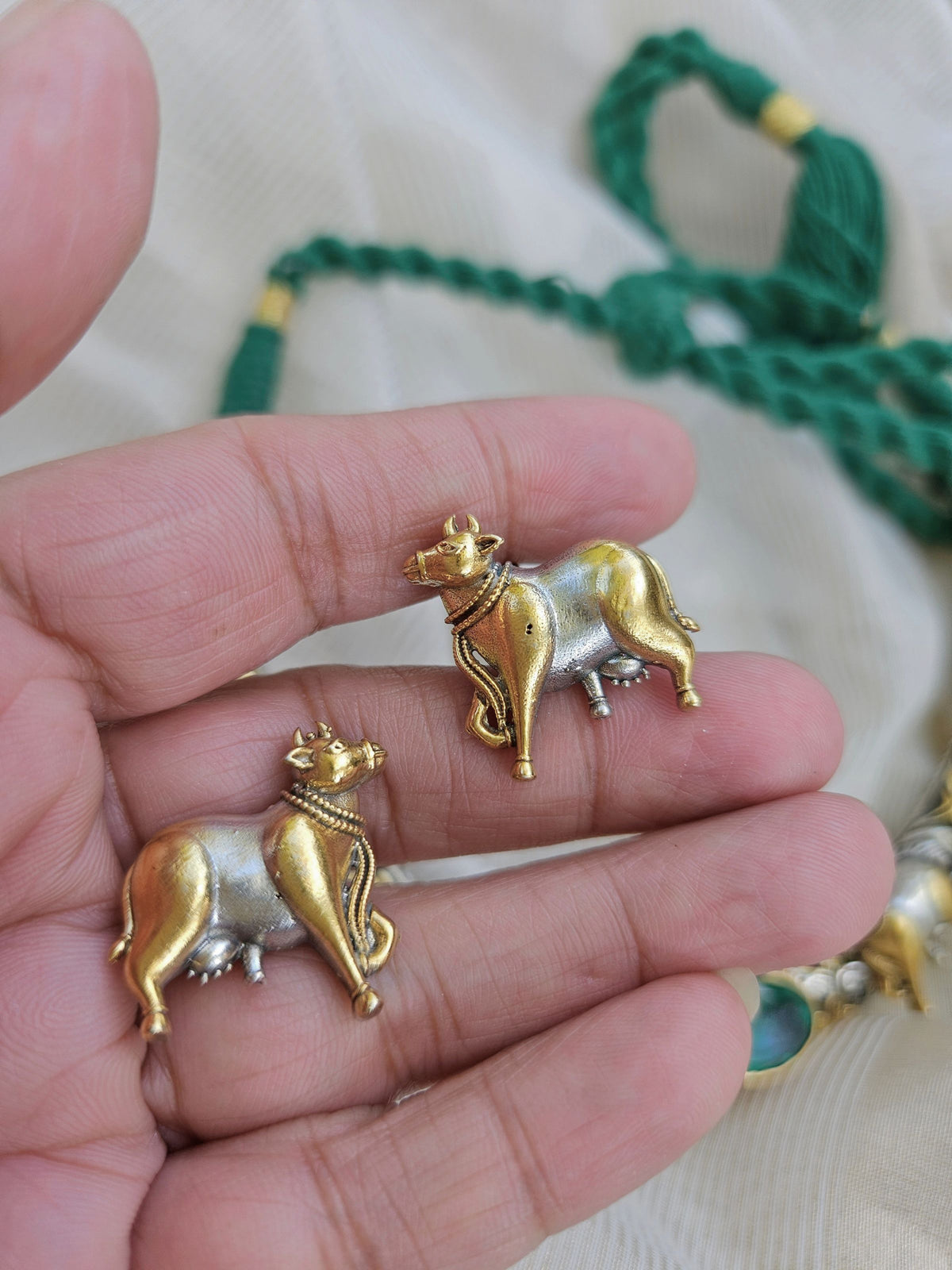 Kamdhenu Pichwai Cow Hasli Necklace & Earrings | Dual-Tone 925 Sterling Silver Chitai Work  Hasli Set