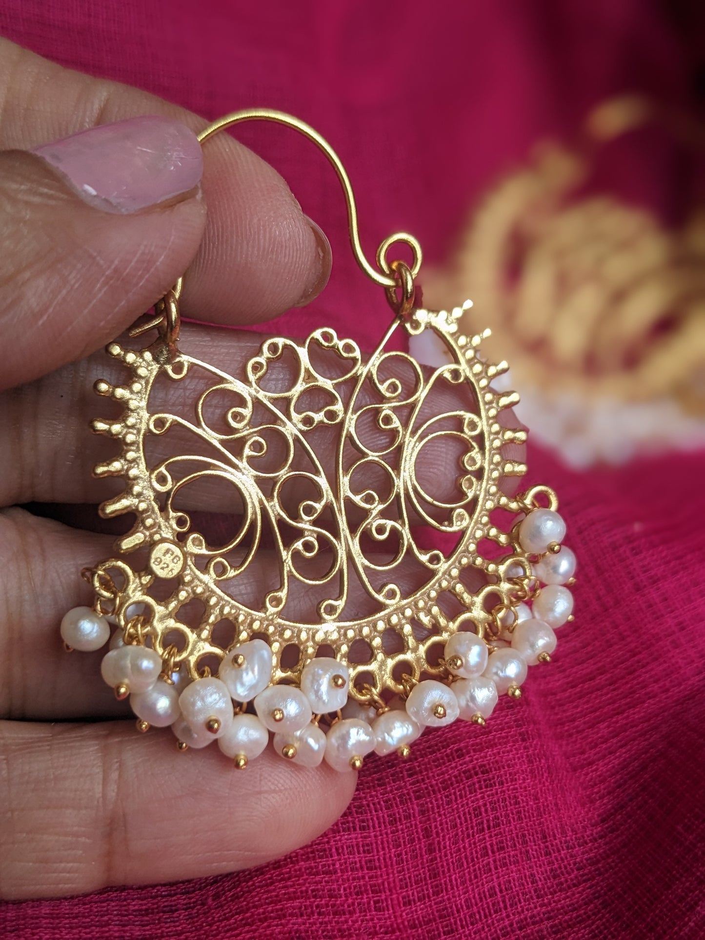 Lata - Filigree work gold  silver pearl chaandbaali/hoop