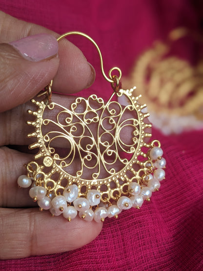 Lata - Filigree work gold  silver pearl chaandbaali/hoop