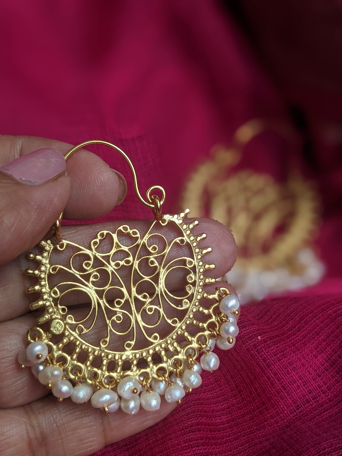 Lata - Filigree work gold  silver pearl chaandbaali/hoop