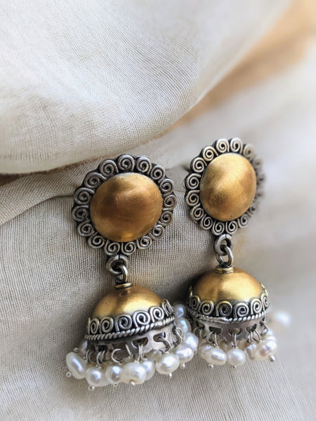 Dual Tone Gold and Silver Jhumki with pearl, Silver Jhumka, Faded gold finish