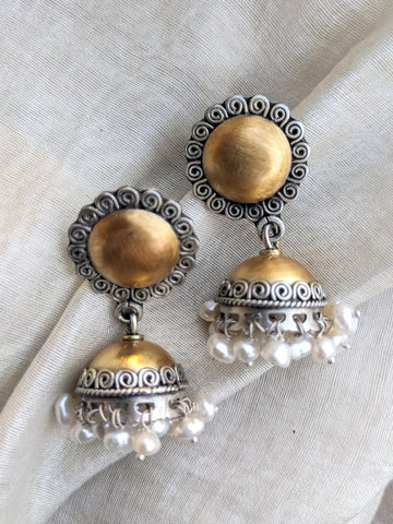 Dual Tone Gold and Silver Jhumki with pearl, Silver Jhumka, Faded gold finish