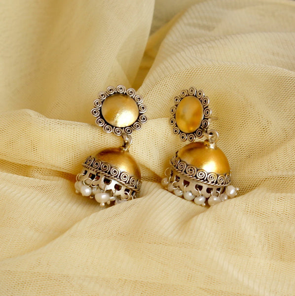Dual Tone Gold and Silver Jhumki with pearl, Silver Jhumka, Faded gold finish