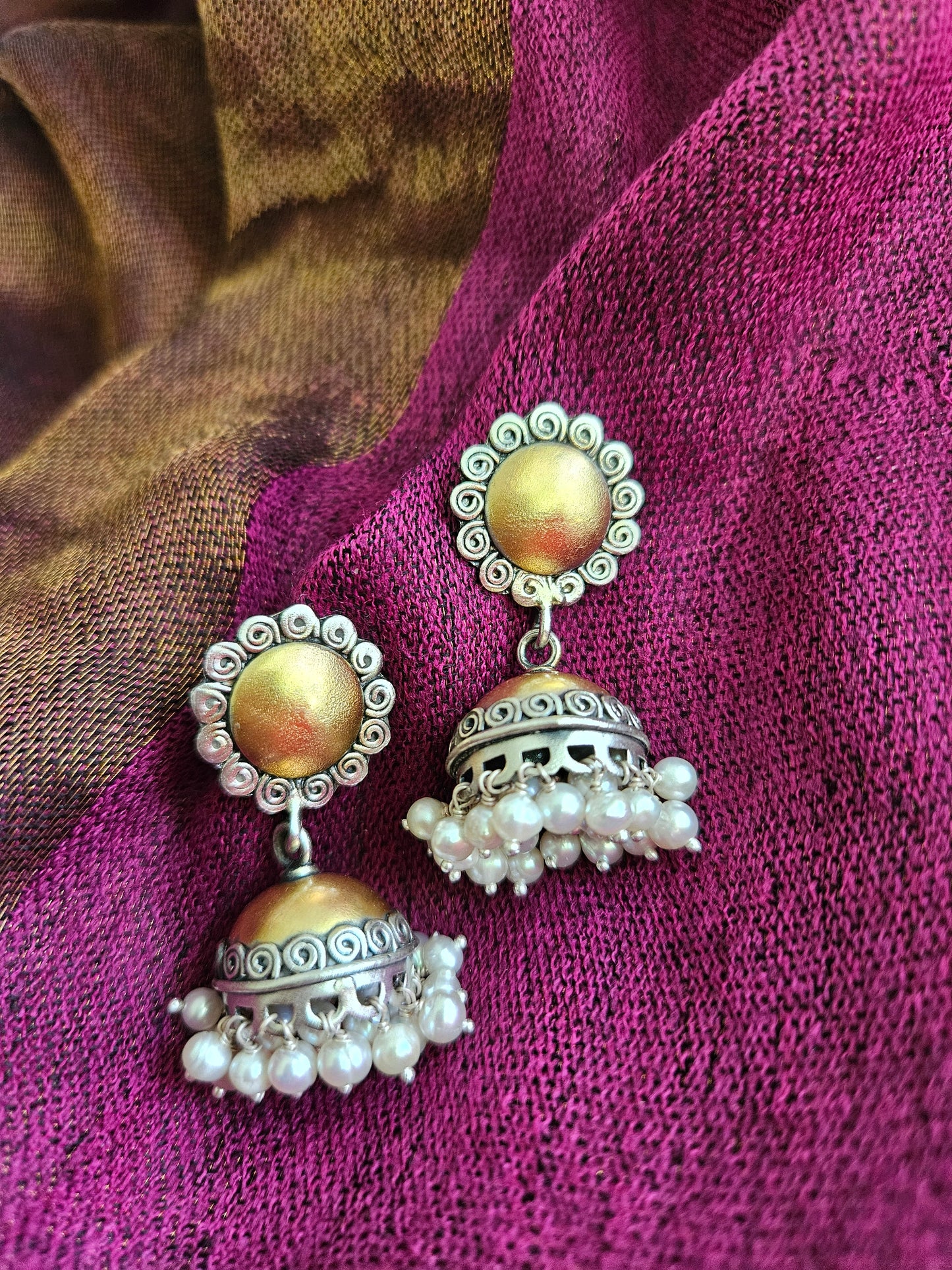 Dual Tone Gold and Silver Jhumki with pearl, Silver Jhumka, Faded gold finish