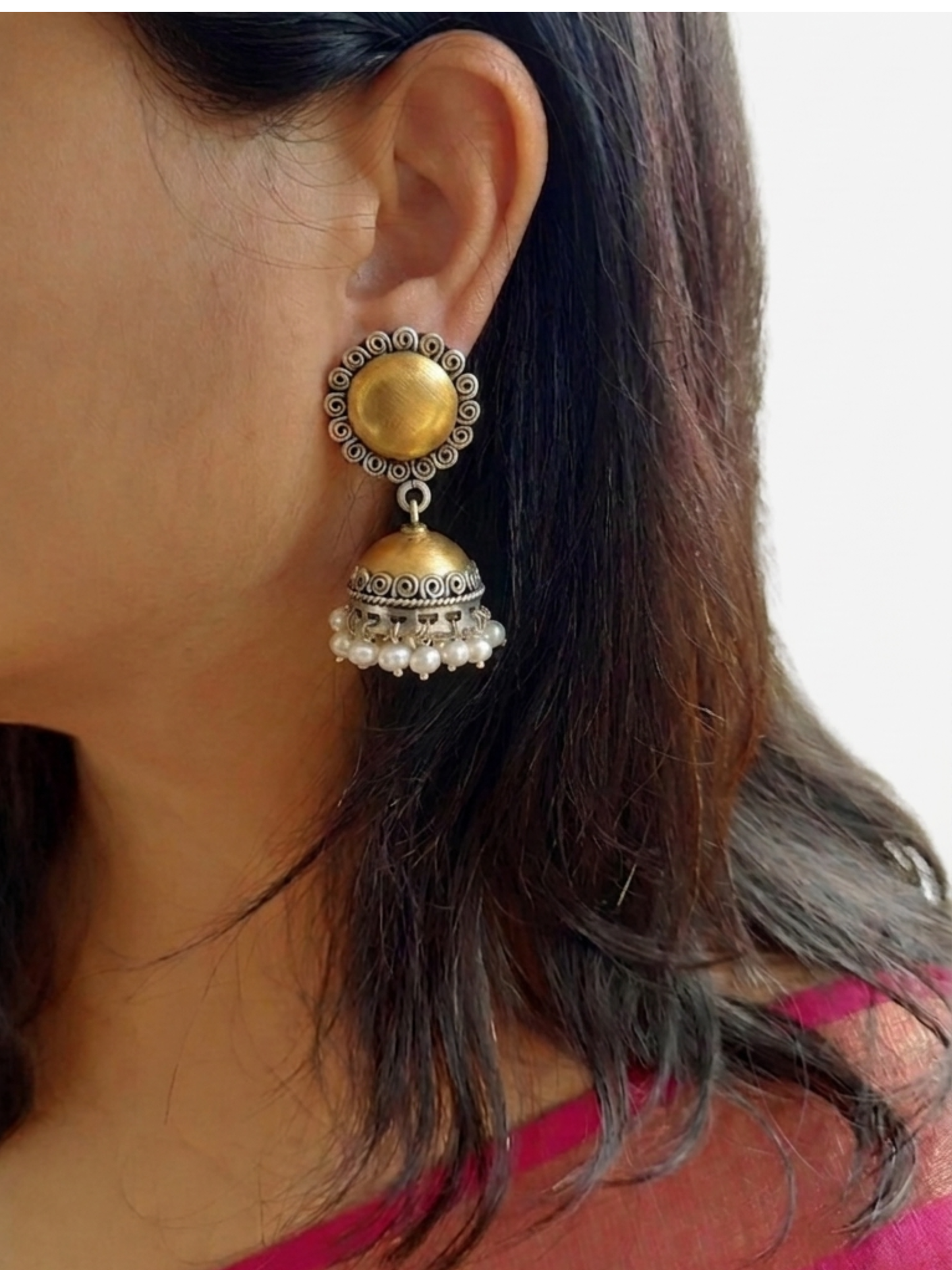 Dual Tone Gold and Silver Jhumki with pearl, Silver Jhumka, Faded gold finish