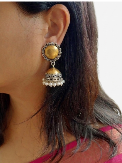 Dual Tone Gold and Silver Jhumki with pearl, Silver Jhumka, Faded gold finish