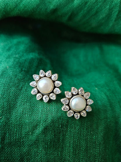 Freshwater Pearl & Cubic Zirconia Stud Earrings – Sterling Silver Classic Jewelry