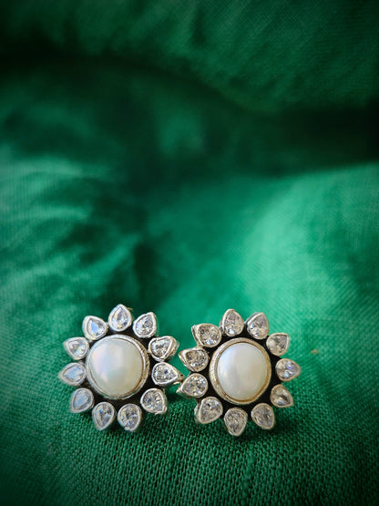 Freshwater Pearl & Cubic Zirconia Stud Earrings – Sterling Silver Classic Jewelry