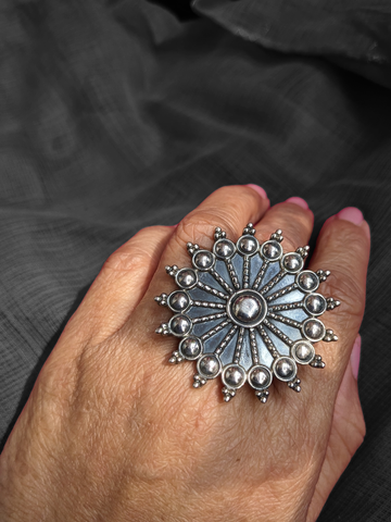 Adjustable oxidised sterling silver ring with motif work