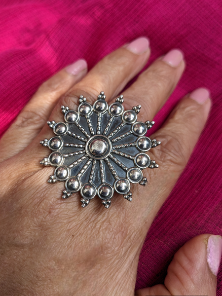 Adjustable oxidised sterling silver ring with motif work