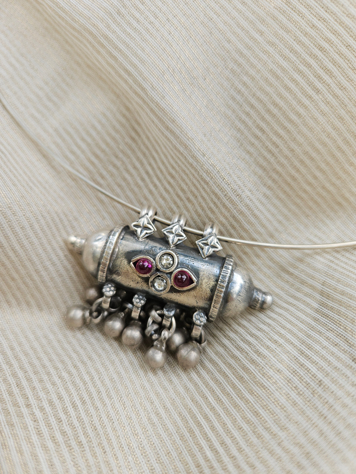 Gulabi Amulet Wire Hasli: Oxidised 925 Silver with Kemp & Zirconia