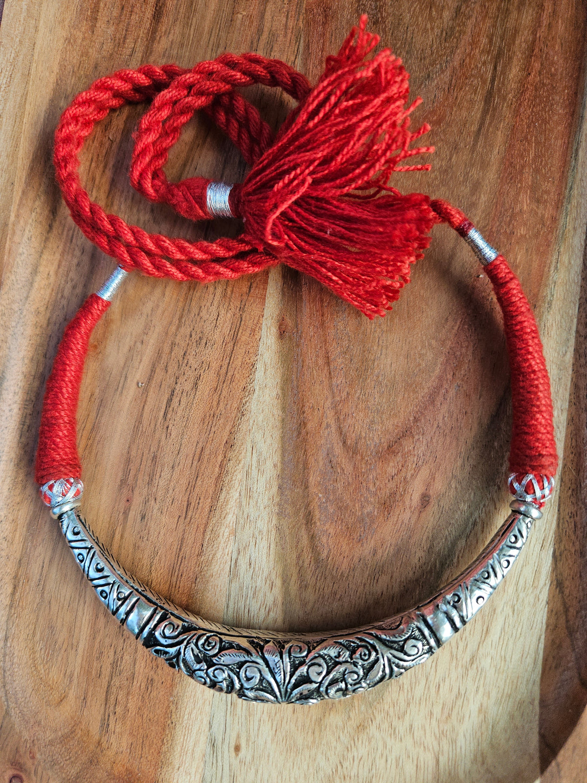 Chitai Work Silver Hasli Necklace – Handmade 925 Oxidized Sterling Silver Choker with Red Thread