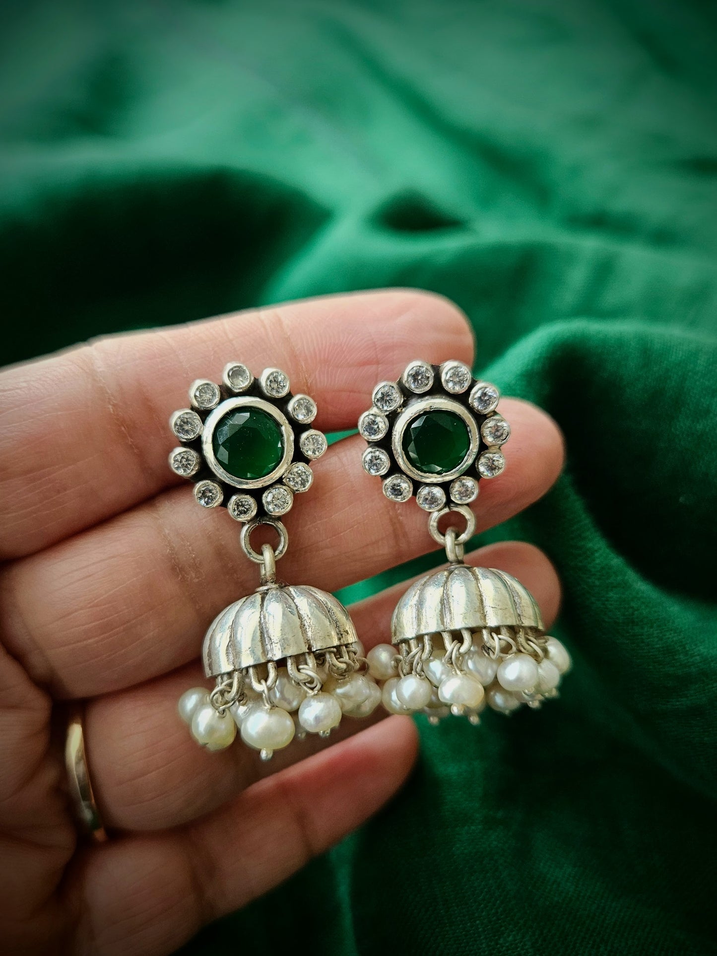 Aarya -925 Silver Indian Earring, Pure Silver Jhumka