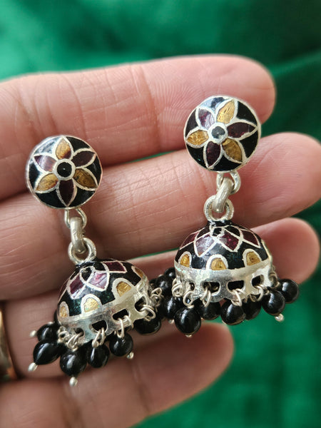 Silver Jhumka Earrings, 925 Sterling Silver small Jhumka with Enamel work