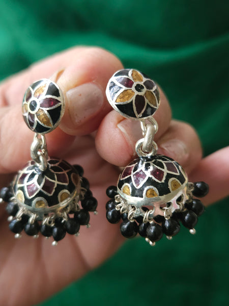 Silver Jhumka Earrings, 925 Sterling Silver small Jhumka with Enamel work