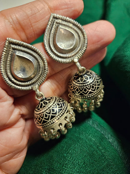 92.5 Silver Jhumka Earrings | Handcrafted Indian Silver Jewelry | Black Silver Jhumka Earrings