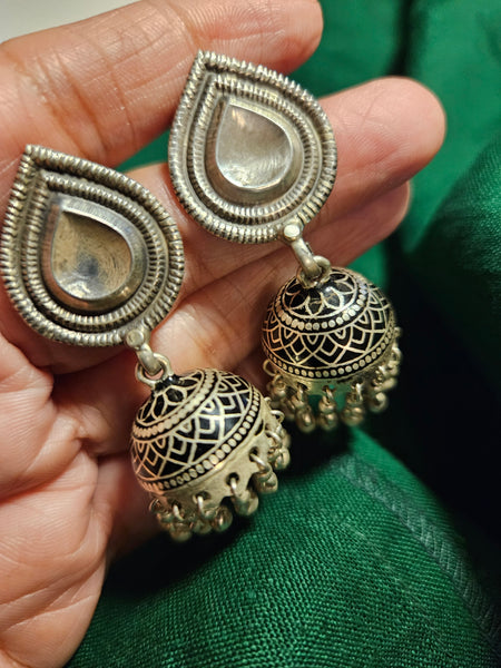 92.5 Silver Jhumka Earrings | Handcrafted Indian Silver Jewelry | Black Silver Jhumka Earrings