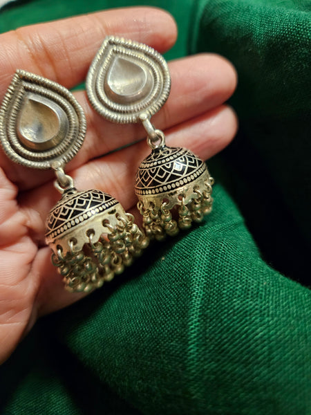 92.5 Silver Jhumka Earrings | Handcrafted Indian Silver Jewelry | Black Silver Jhumka Earrings