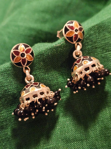 Silver Jhumka Earrings, 925 Sterling Silver small Jhumka with Enamel work