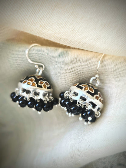 925 Silver Black Enamel Jhumka Earrings | Handcrafted Silver Earrings with Onyx Beads | Indian Ethnic Jewelry
