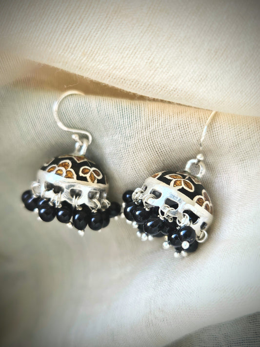 925 Silver Black Enamel Jhumka Earrings | Handcrafted Silver Earrings with Onyx Beads | Indian Ethnic Jewelry